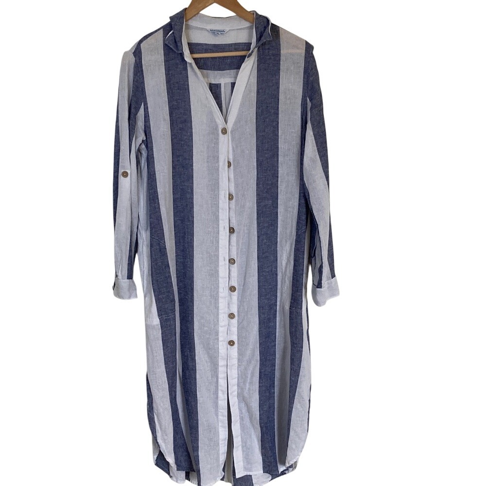 Blue Island Womens Striped Blue White Linen Blend Button-Up Shirt Dress Size M‎